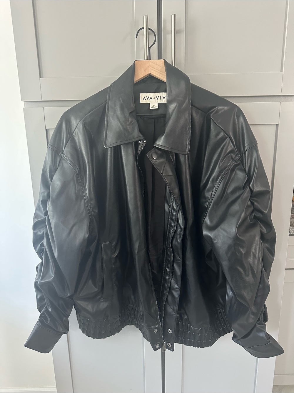 Ava & Viv Black Faux Leather Jacket - Collared Bomber Style